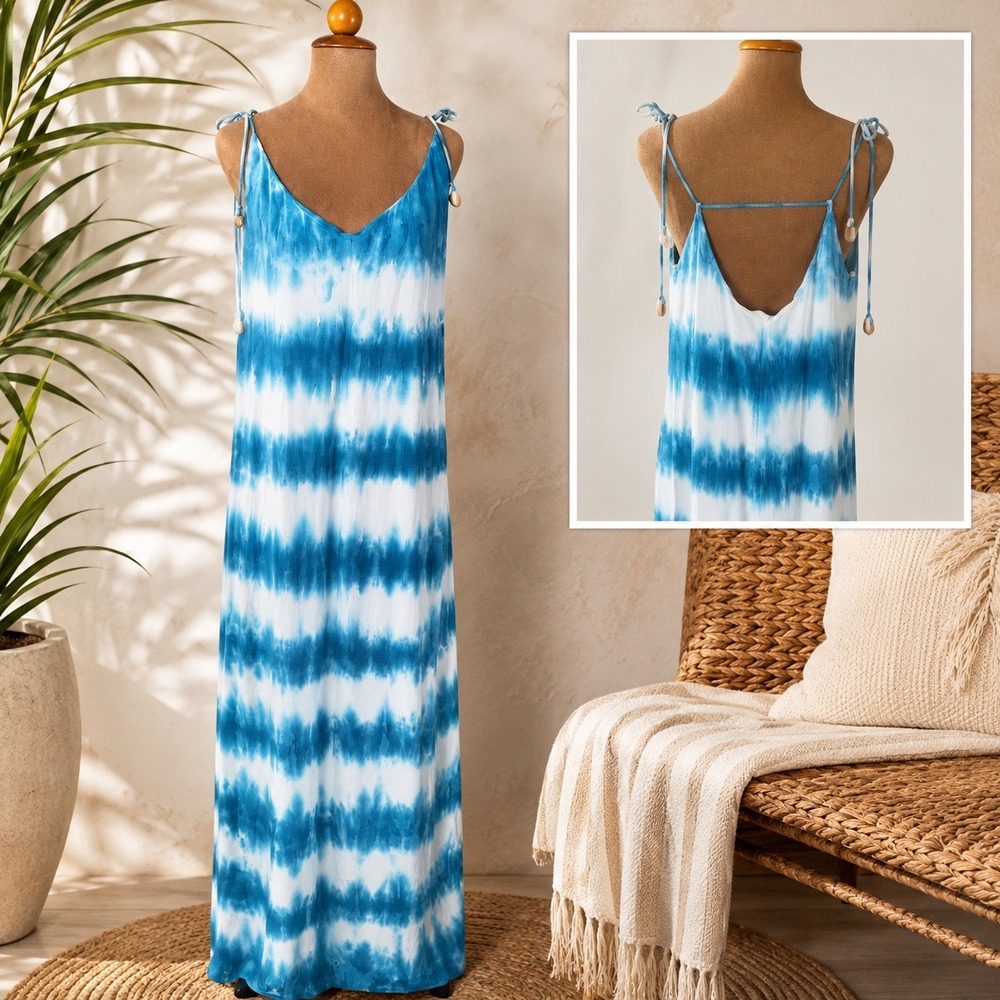 Shore Tie Dye Maxi Dress M Blue White Open Back‎ Sundress Beach Resort NWT
